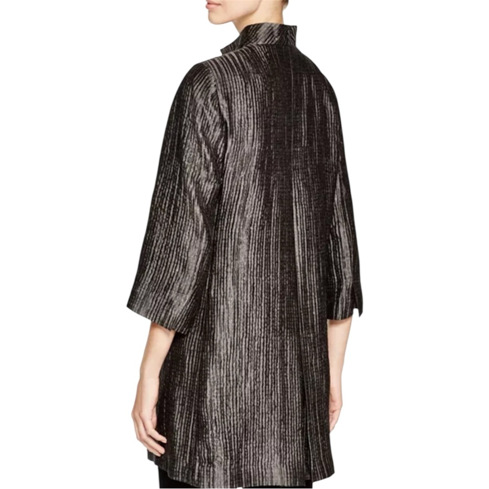 Eileen Fisher Metallic Grey Textured Silk Open Front 3/4 Jacket Size MEDIUM - Picture 3 of 16